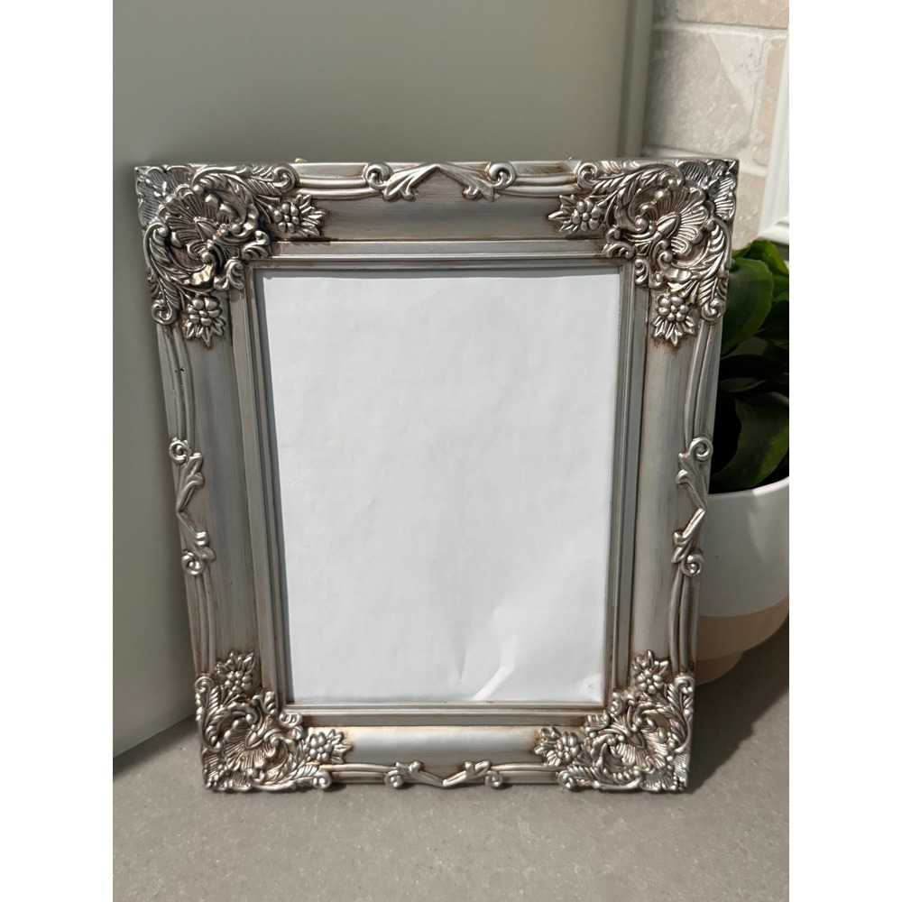 Silver Ornate Floral Scrollwork Rectangular Plastic Picture Frame Wall Mount